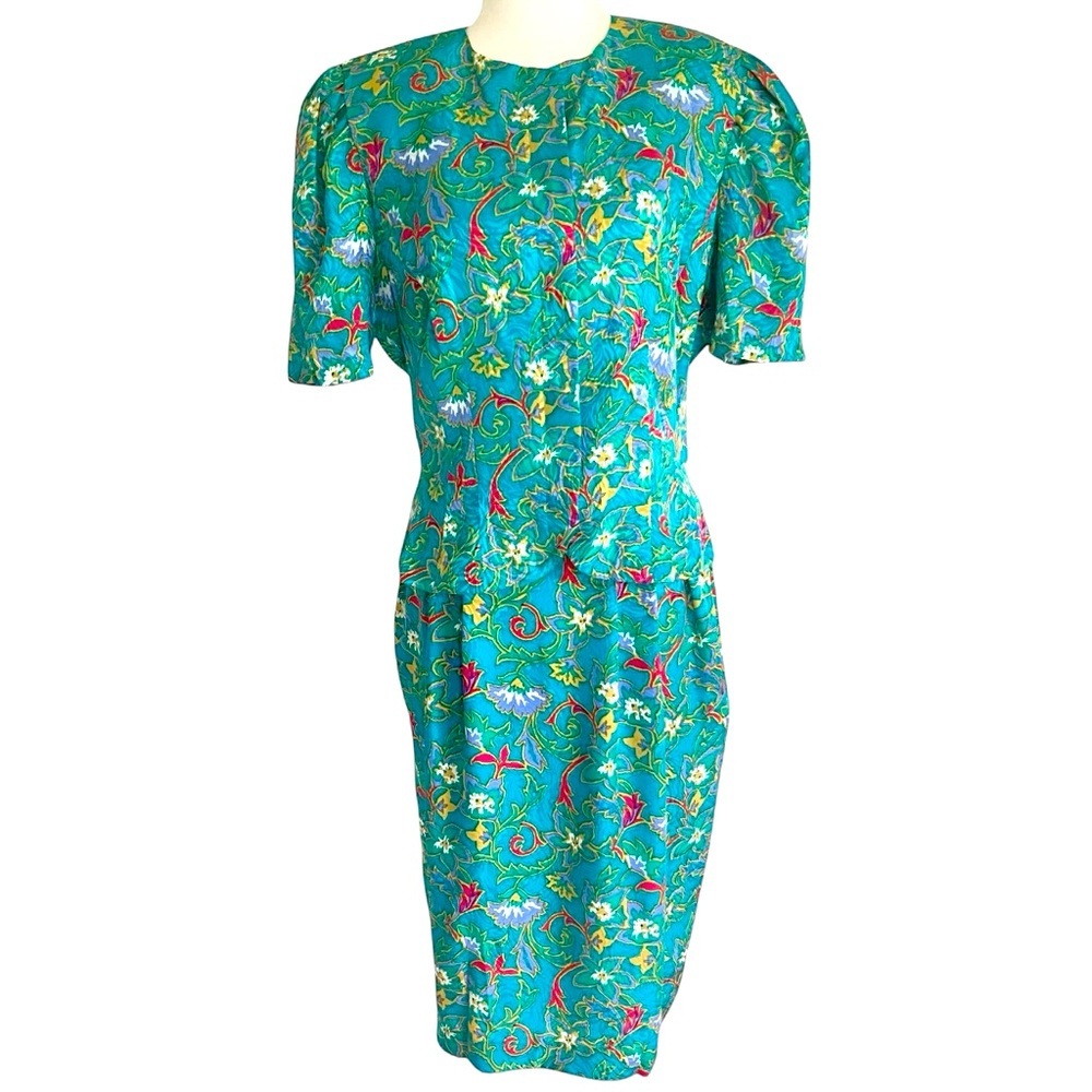 Vintage 🌸 Adrianna Papell 100% Silk Skirt‎ Suit Set Size 10 Teal Floral